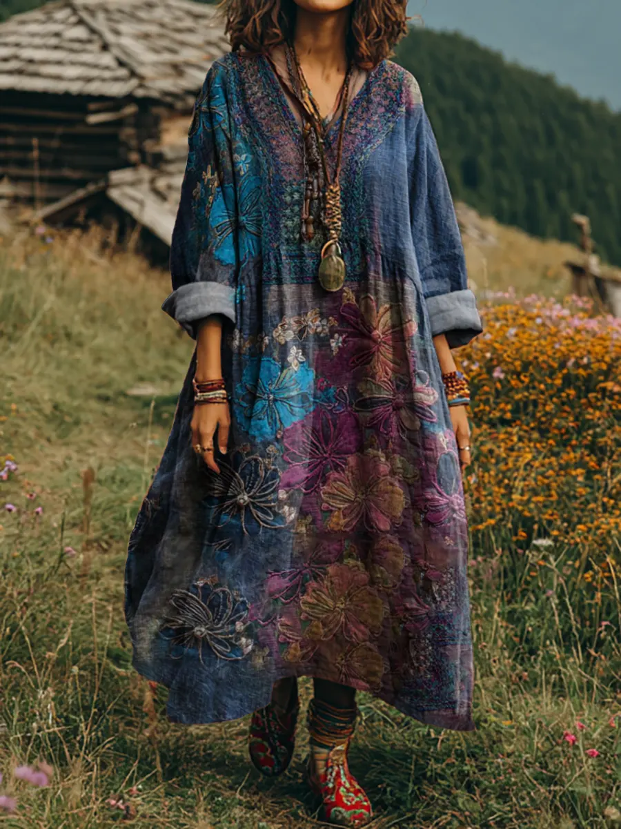 Women's Vintage Floral Patchwork Art Print V-neck Long-sleeve Dress