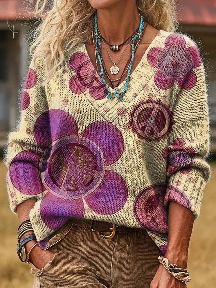 Hippie Peace Purple Flowers Women's Print V-neck Long Sleeve Sweater