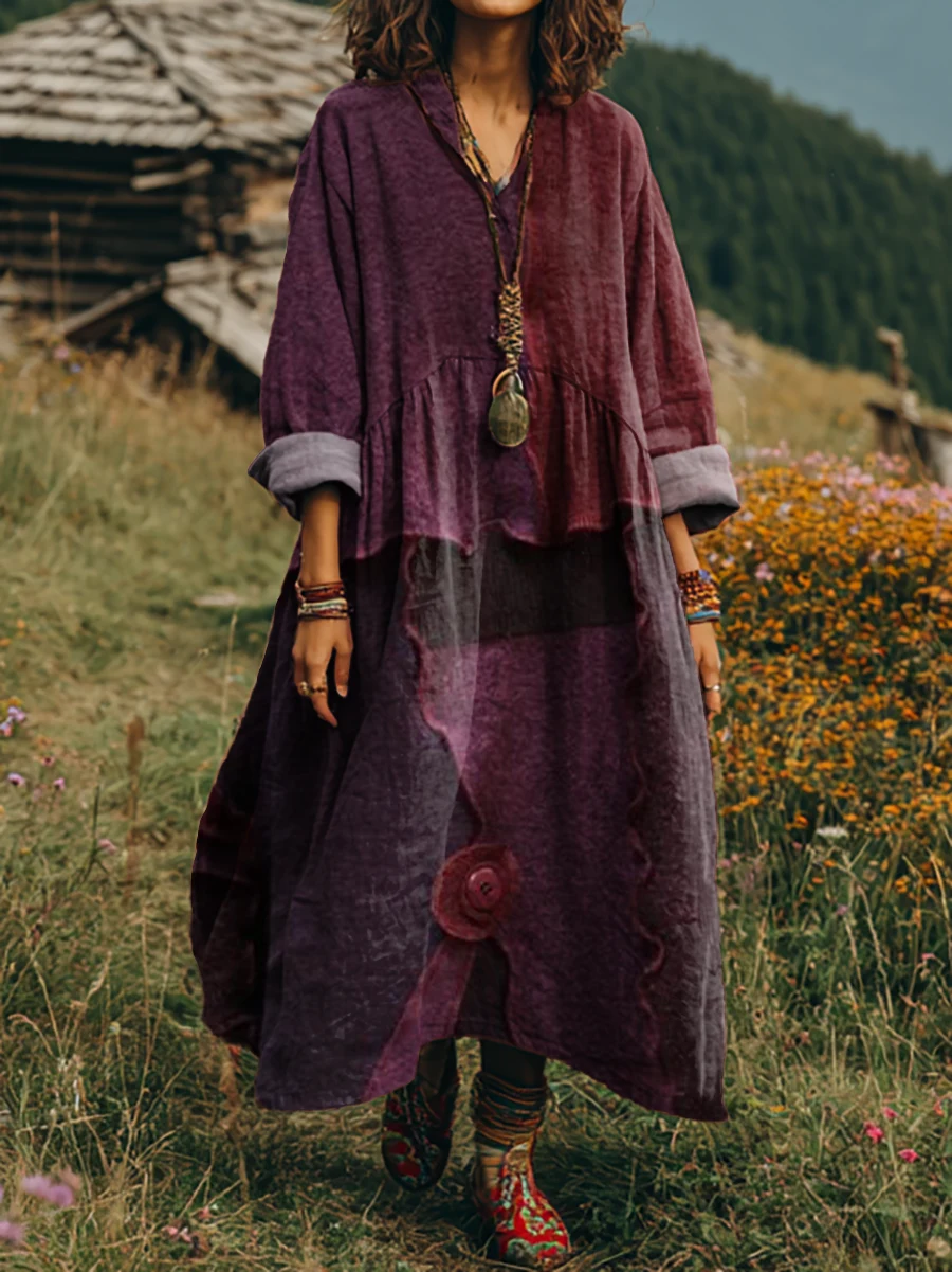 Women's Vintage Patchwork Art Print Long-sleeved V-neck Comfortable Cotton Dress With Pockets.