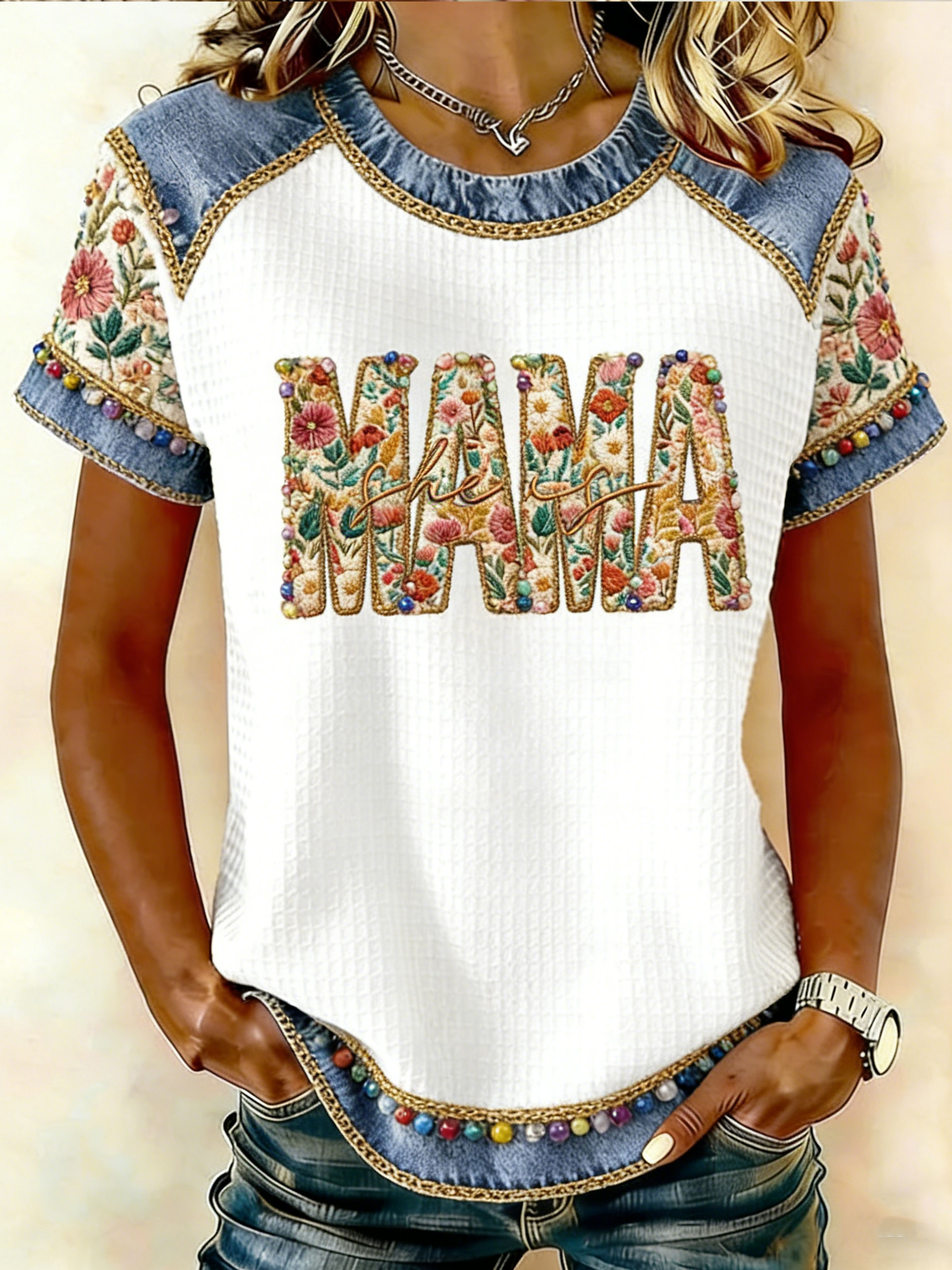 MAMA Floral Denim Patchwork Crew Neck T-Shirt