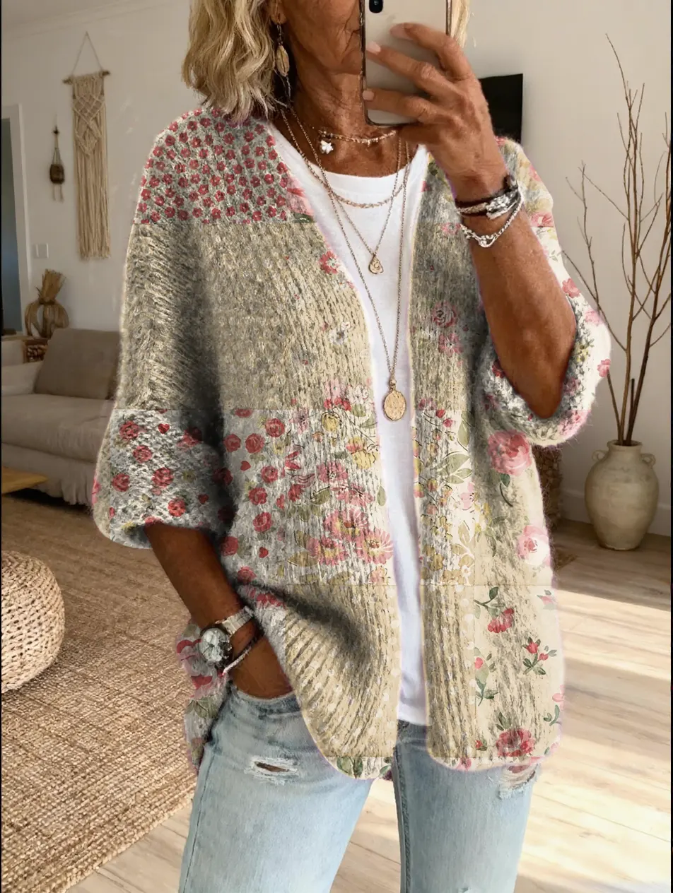 Women's Vintage Patchwork Floral Art Print Casual Cardigan Sweater