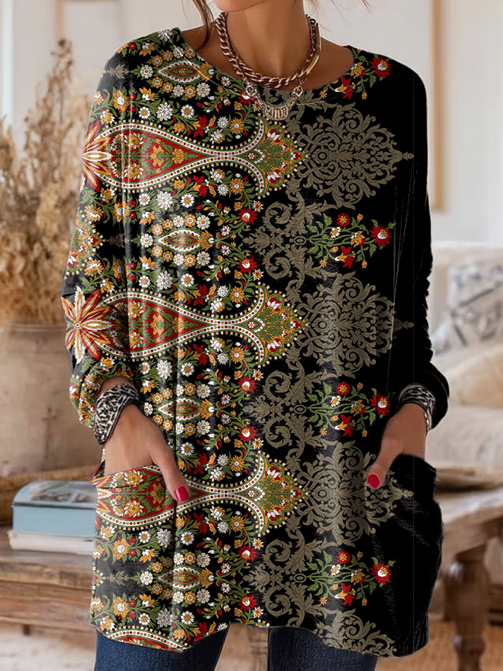 Women's Retro Ethnic Floral Art Print Casual Long-Sleeve Round Neck Pocket Cotton T-Shirt