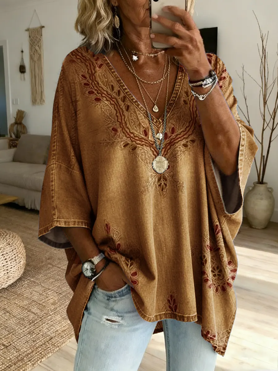 Ethnicity Texture Flowers Women's Art Print Casual Washed Cotton Denim Top