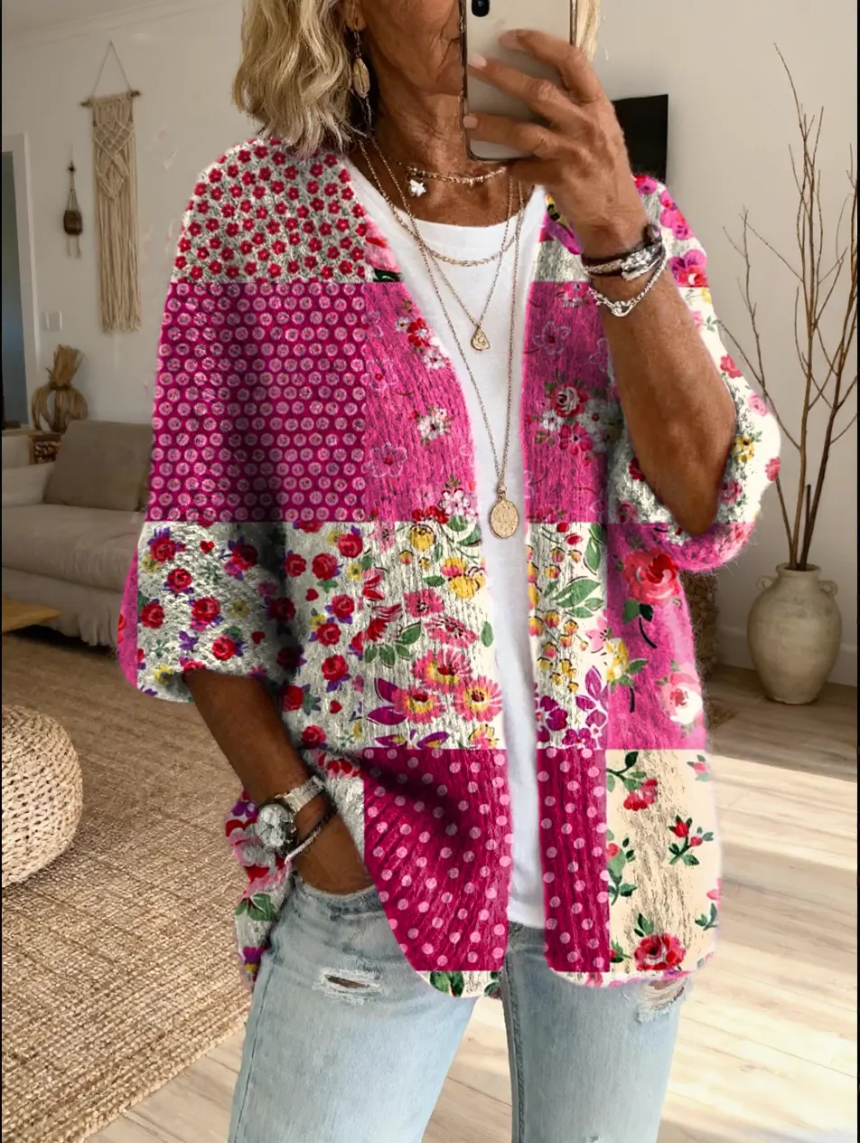 Women's Vintage Patchwork Floral Art Print Casual Cardigan Sweater