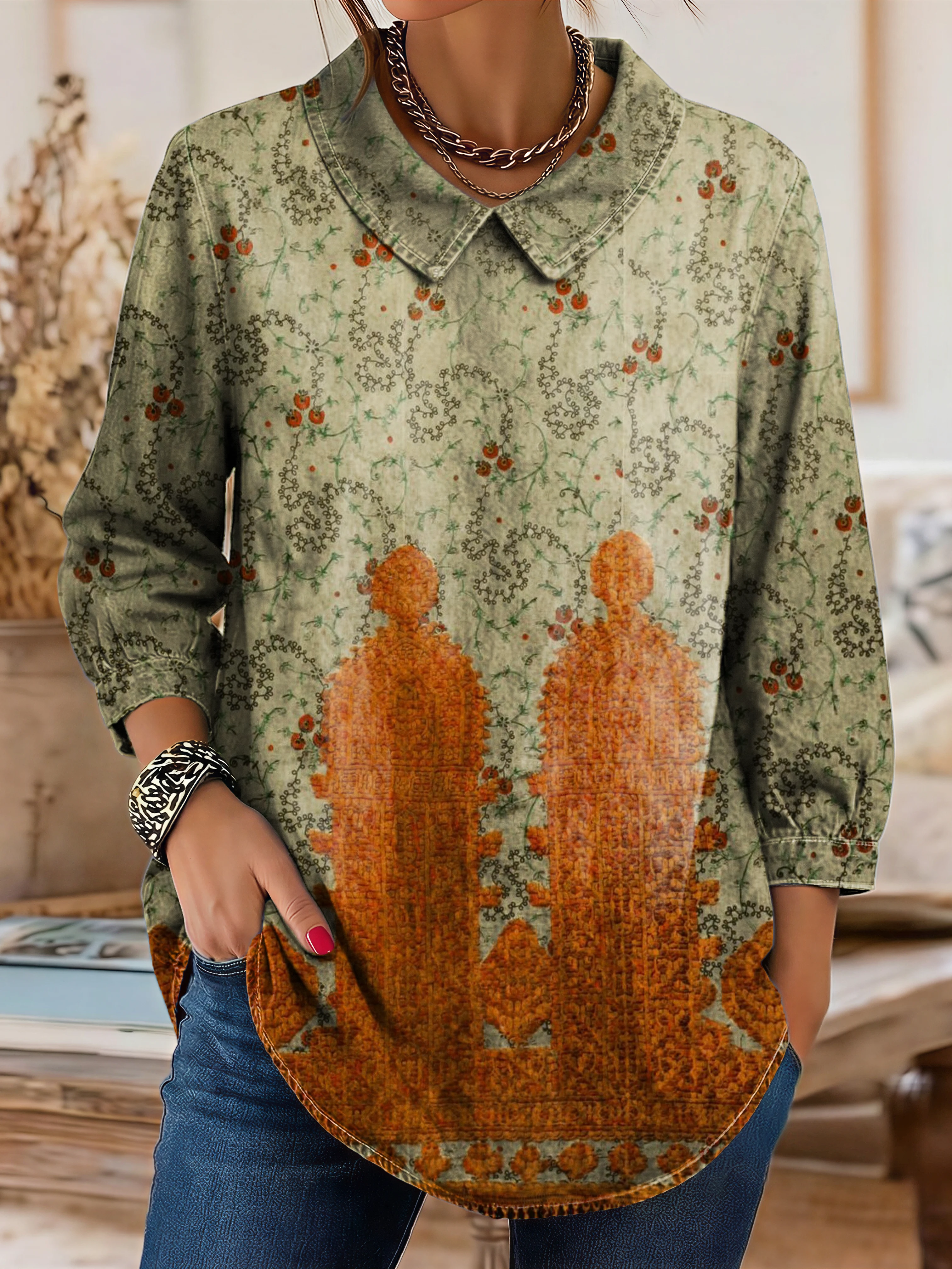 Women's Ethnic Totem Vintage Floral Art Print Lapel Denim Jacket