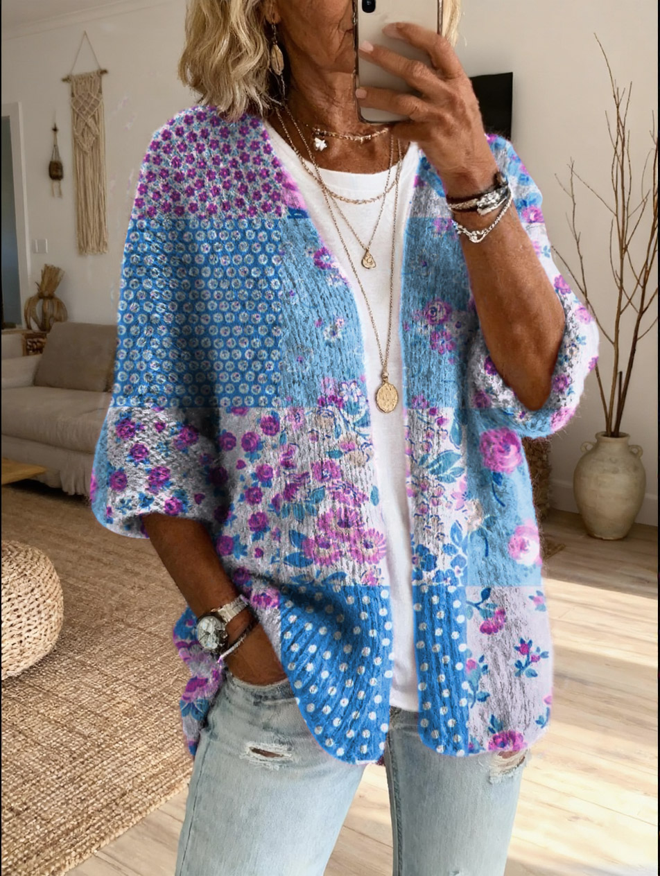 Women's Vintage Patchwork Floral Art Print Casual Cardigan Sweater