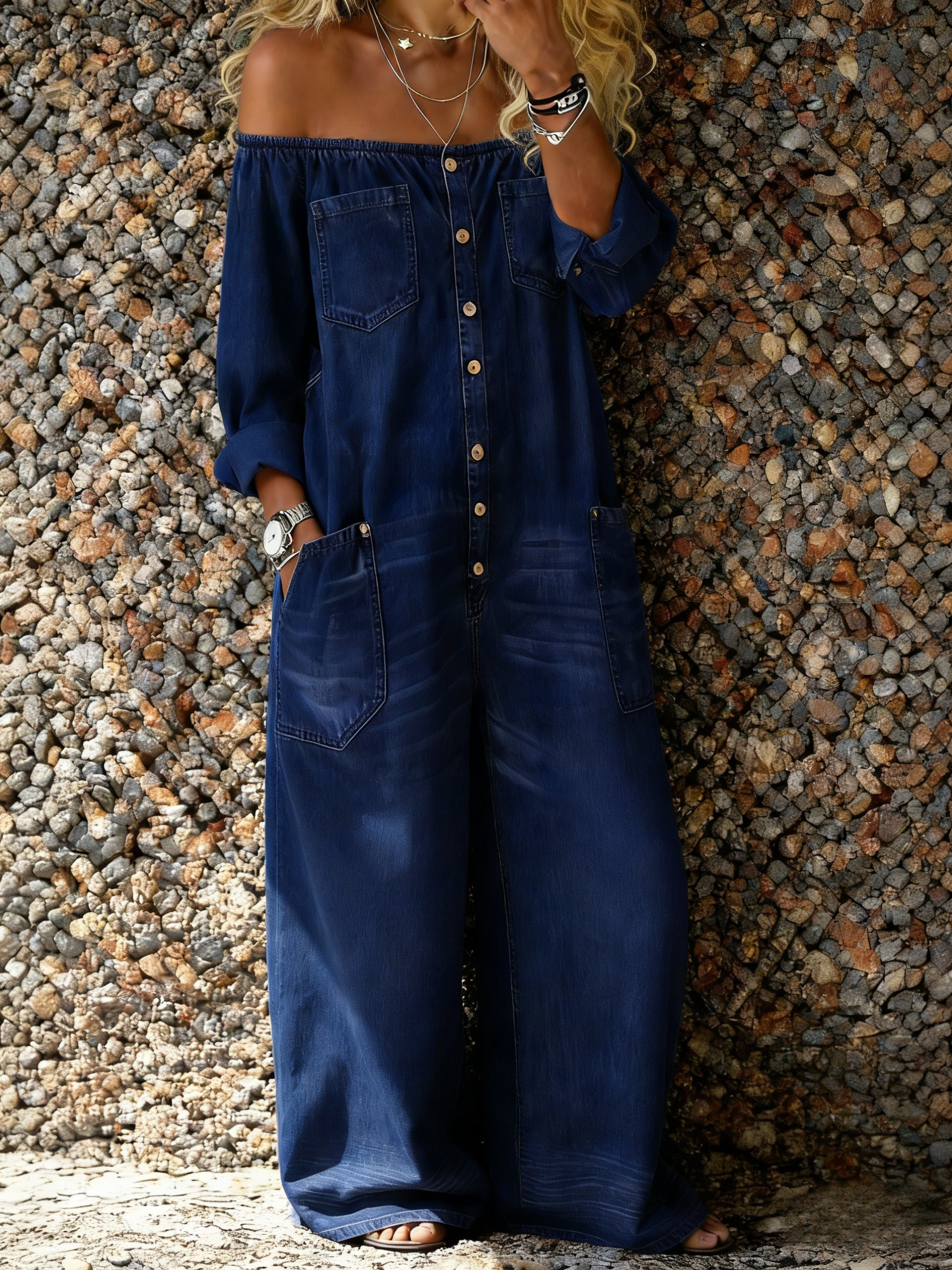 Women's Casual Long-sleeved Washed Cotton Denim Jumpsuit