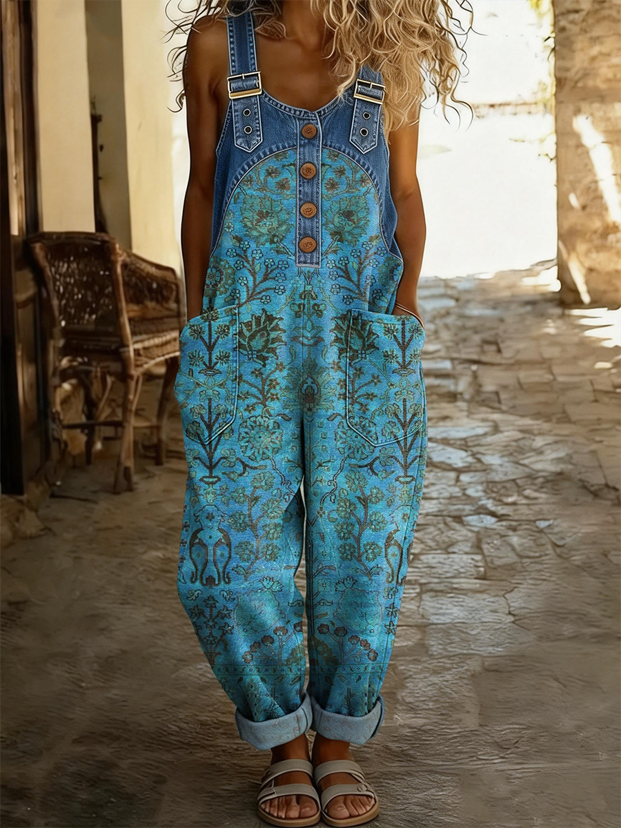 Women's Retro Ethnic Totem Art Print Casual Sleeveless Denim Patchwork Jumpsuit