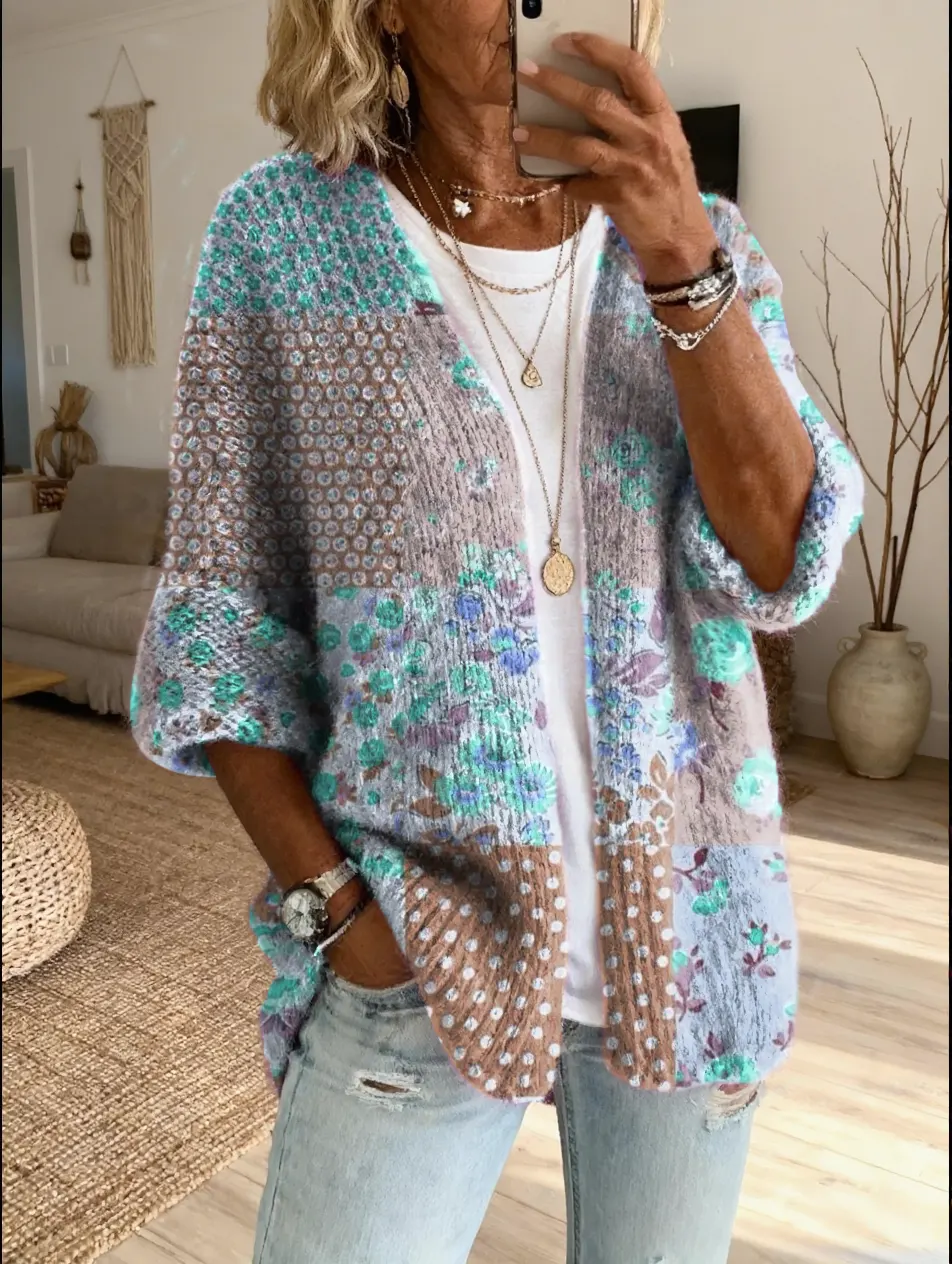 Women's Vintage Patchwork Floral Art Print Casual Cardigan Sweater