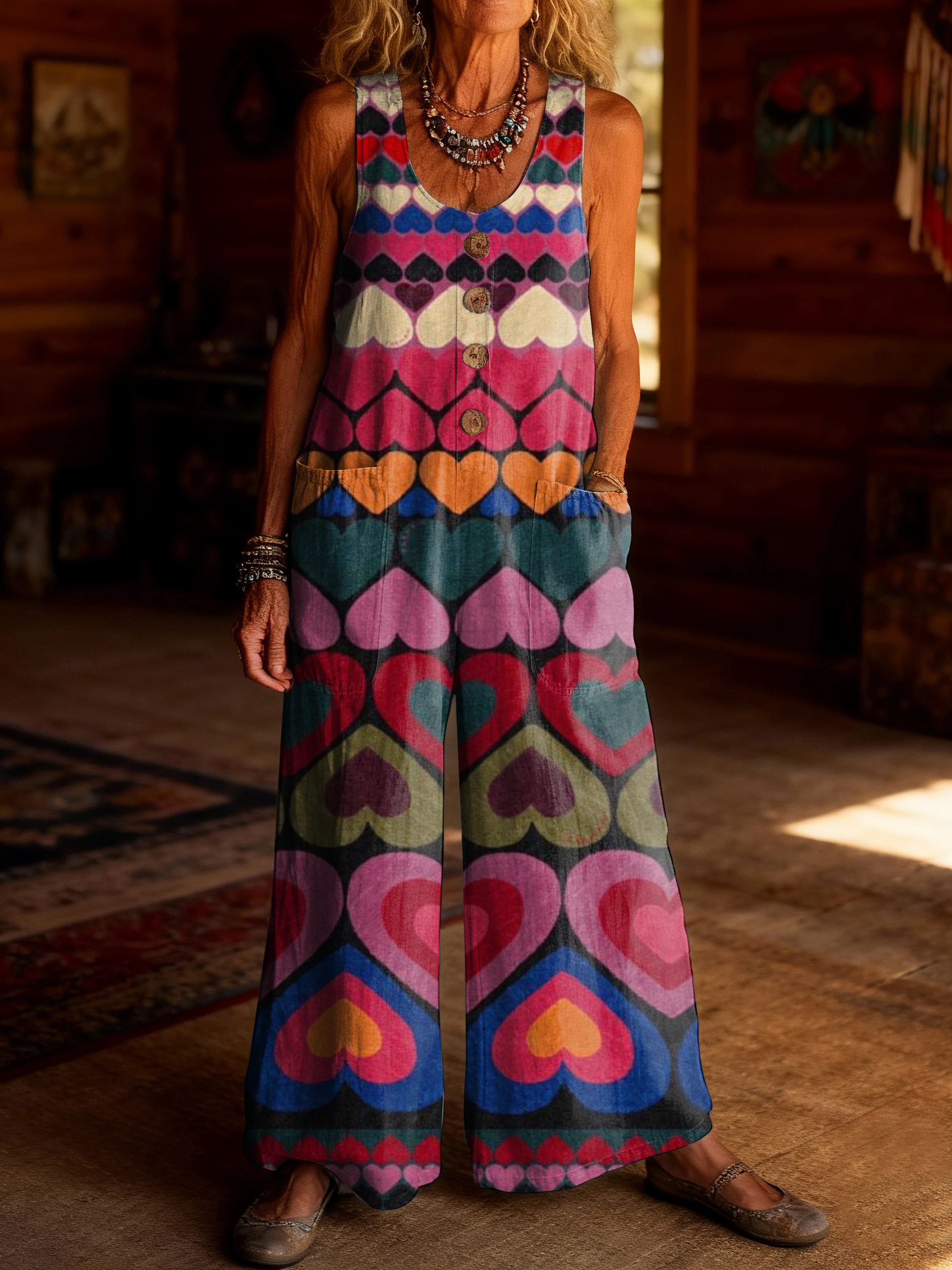 Women's Retro Hippie Heart Art Print Casual Jumpsuit 100% Cotton Material Wide-leg Design.