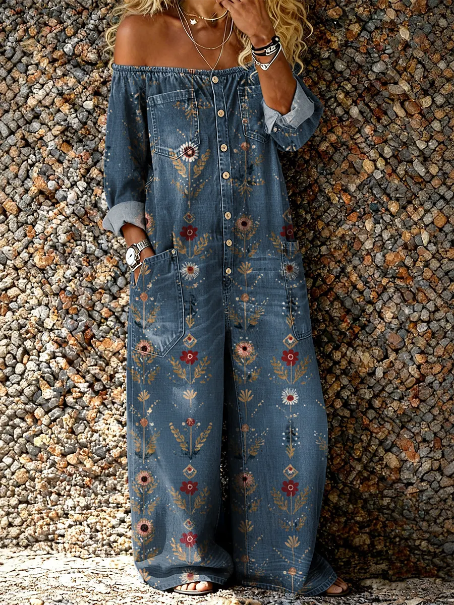 Women's Vintage Floral Print Artistic Casual Long-sleeve Washed Cotton Denim Dress