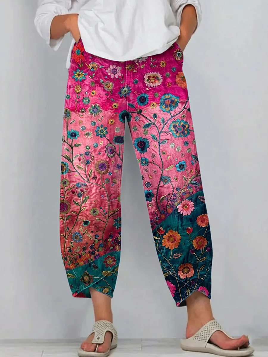 Women's Vintage Floral Art Print Jeans