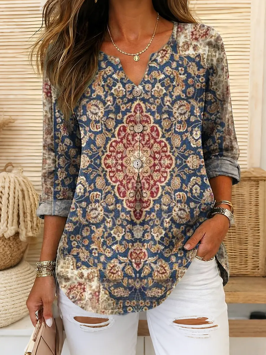 Women's Ethnic Art Print Long-Sleeved Cotton Shirt