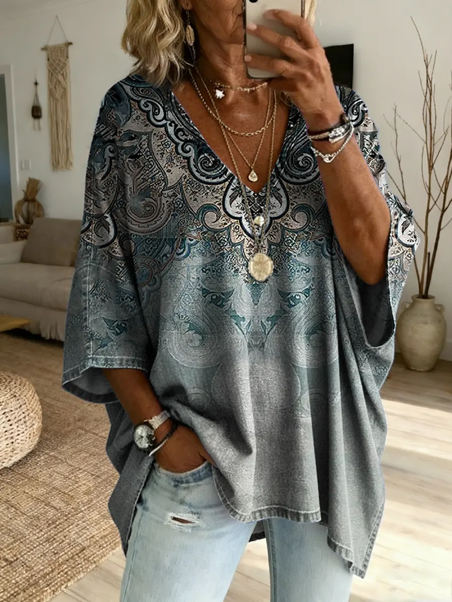 Women's Casual Washed Cotton Denim Shirt With Artistic Print Featuring A Gradient Retro Ethnic Pattern