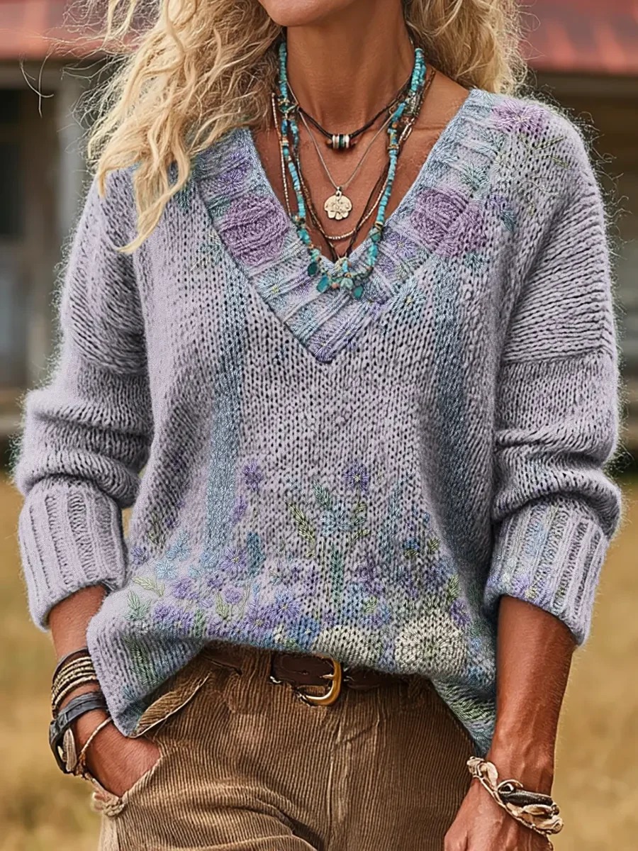 Women's Ethnic Floral Wave Patchwork Art Print Comfortable V-neck Knit Sweater