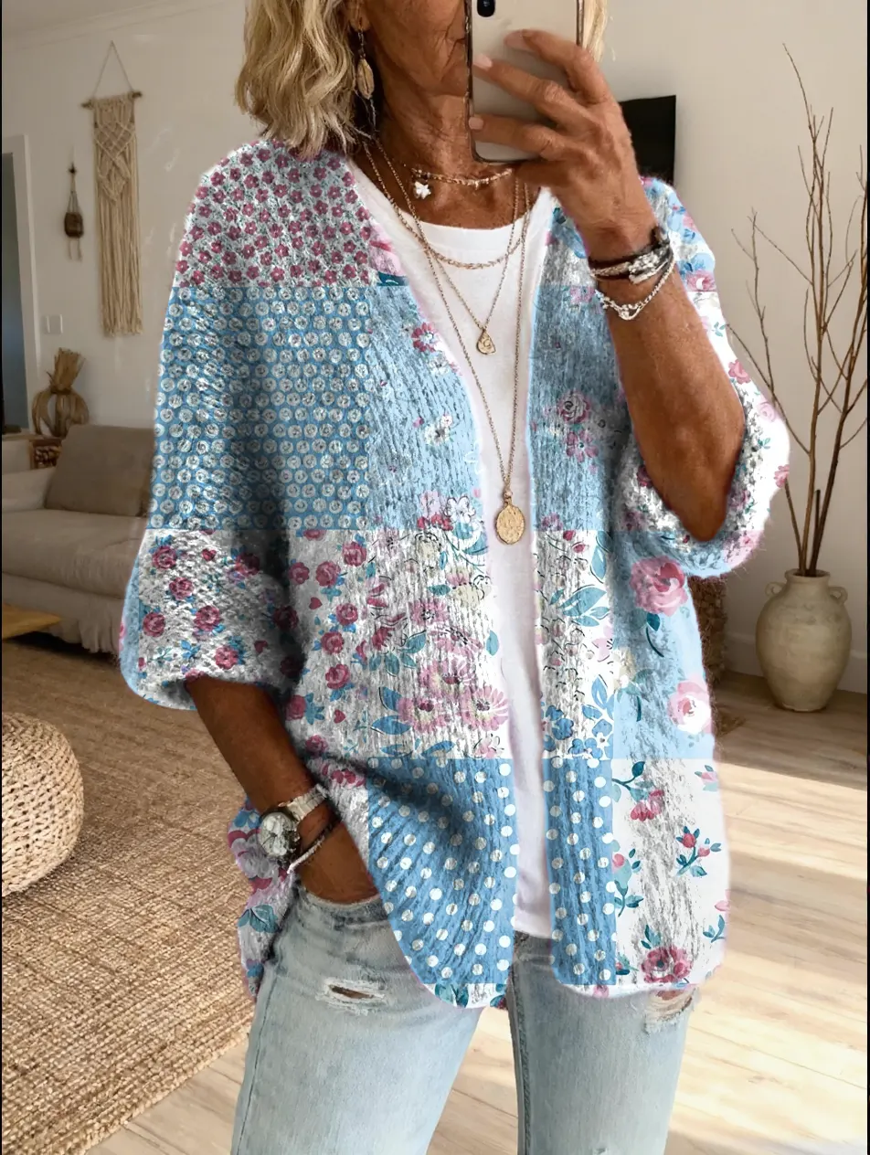 Women's Vintage Patchwork Floral Art Print Casual Cardigan Sweater