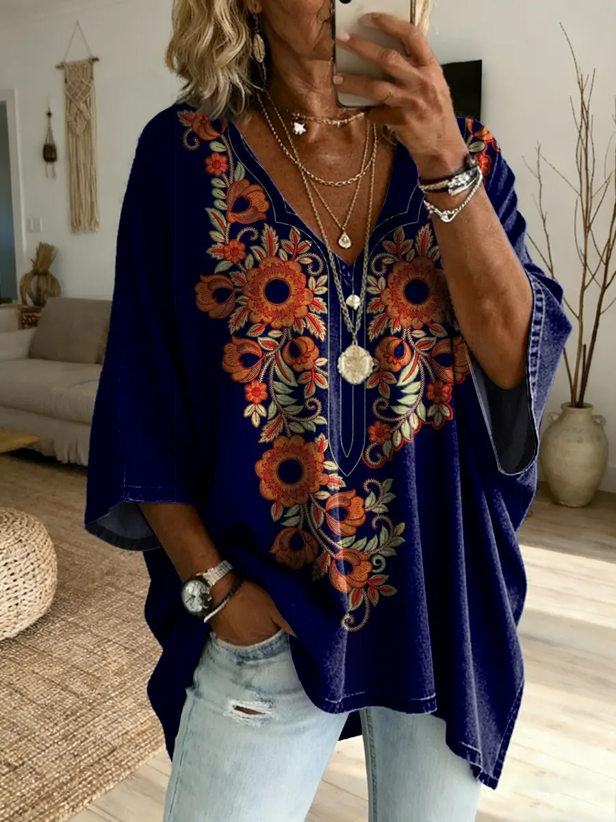 Women's Vintage Ethnic Floral Print Casual Washed Cotton Denim Shirt