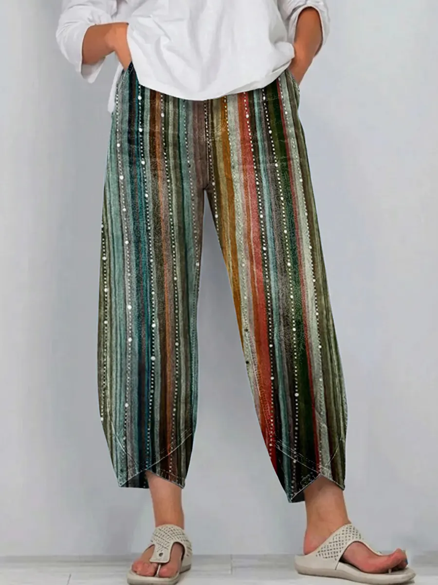 Women's Art Print Denim Jeans With Shimmering Vertical Stripes