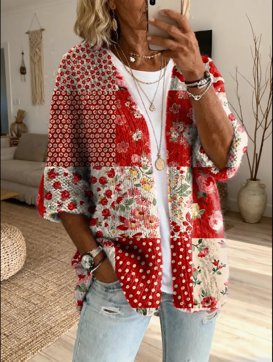Women's Vintage Patchwork Floral Art Print Casual Cardigan Sweater