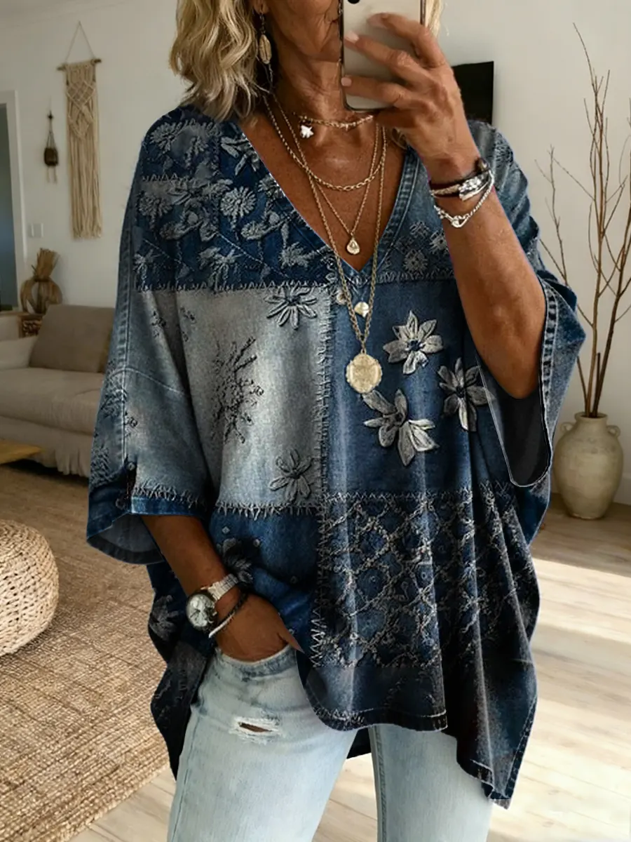 Women's Vintage Ethnic Floral Print Casual Washed Cotton Denim Shirt