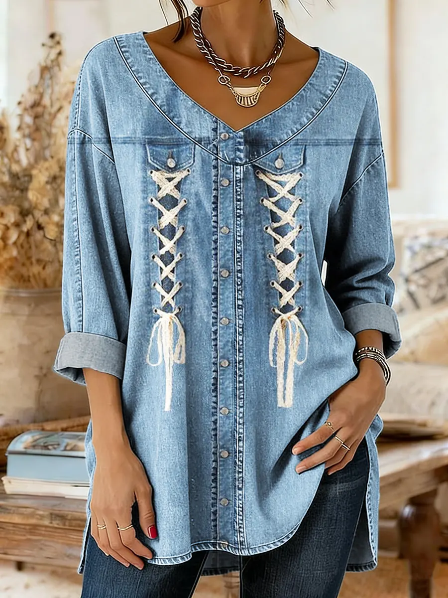 Women's Denim Print Casual Washed Denim Cotton Top