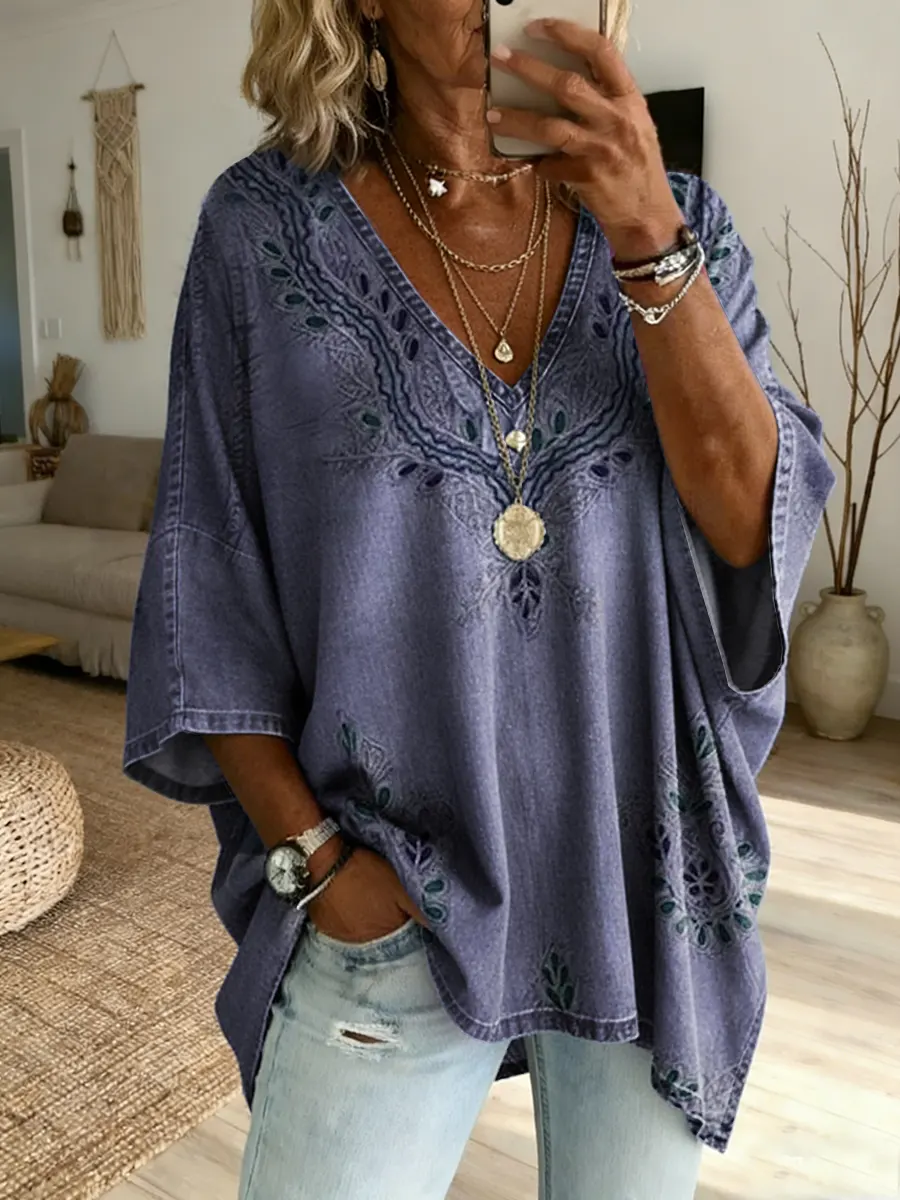 Ethnicity Texture Flowers Women's Art Print Casual Washed Cotton Denim Top