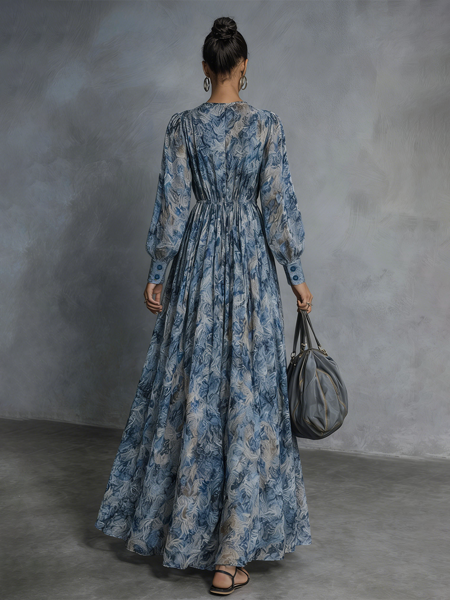 Women's Bohemian Style Blue Floral Print V-Neck Lantern Sleeve Chiffon Maxi Dress MDZ1067B8BA
