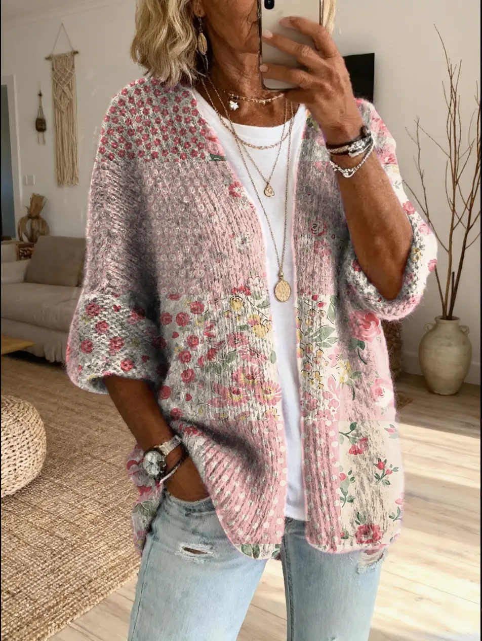 Women's Vintage Patchwork Floral Art Print Casual Cardigan Sweater