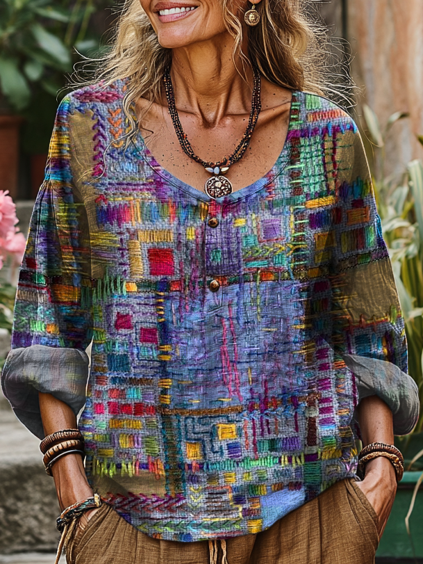 Women's Vintage Purple Collage Art Print Casual U Neck Button Cotton Shirt