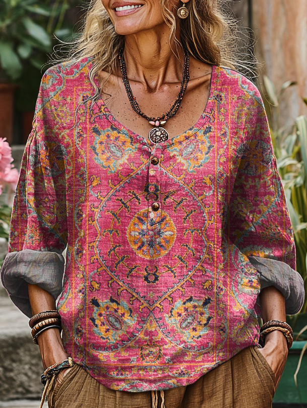 Women's Vintage Ethnic Pink Floral Totem Art Printed Casual U Neck Button Cotton Shirt