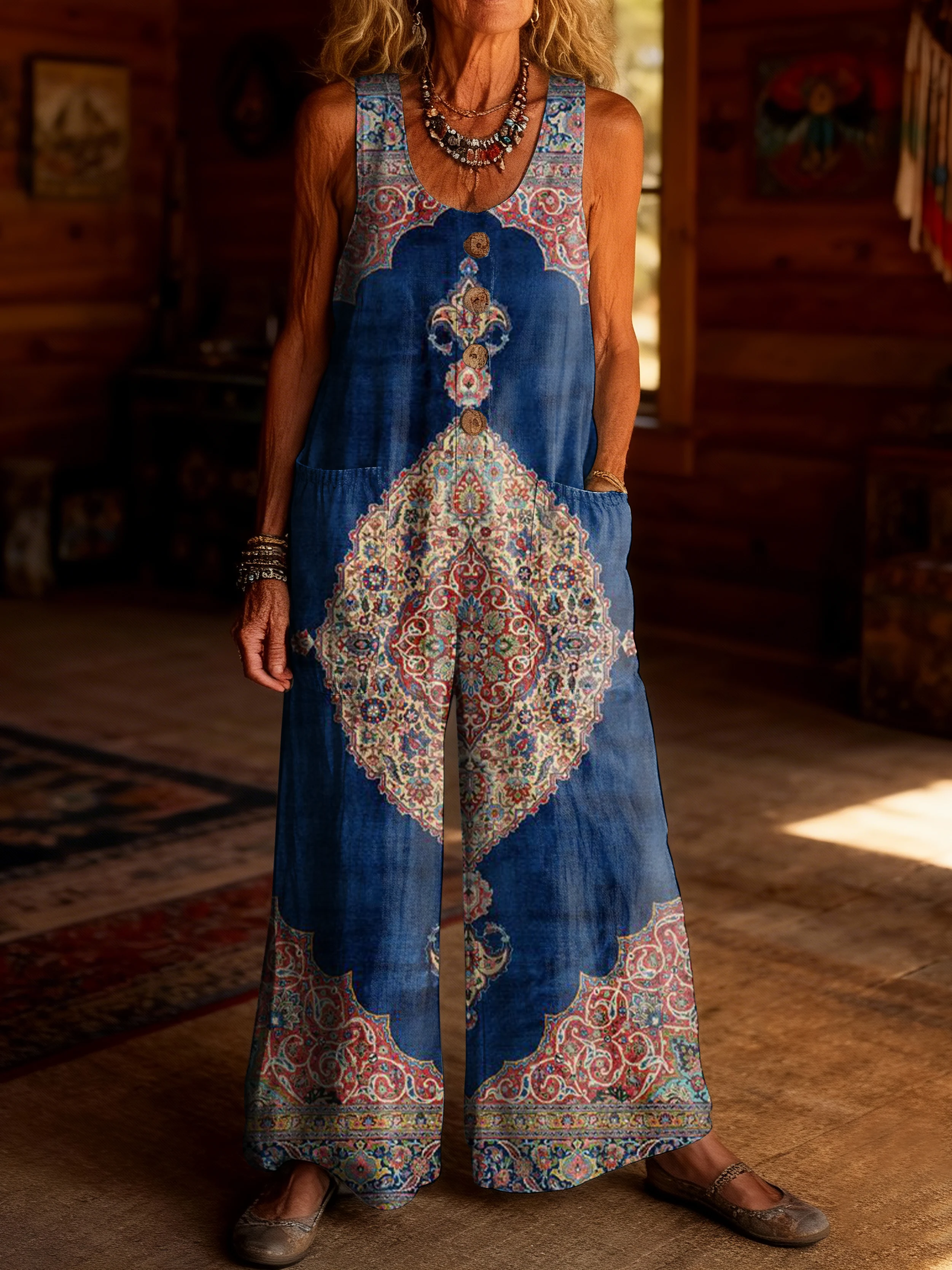 Women's Totem Retro Ethnic Floral Patterns Art Print Casual Jumpsuit 100% Cotton Material Wide-leg Design.