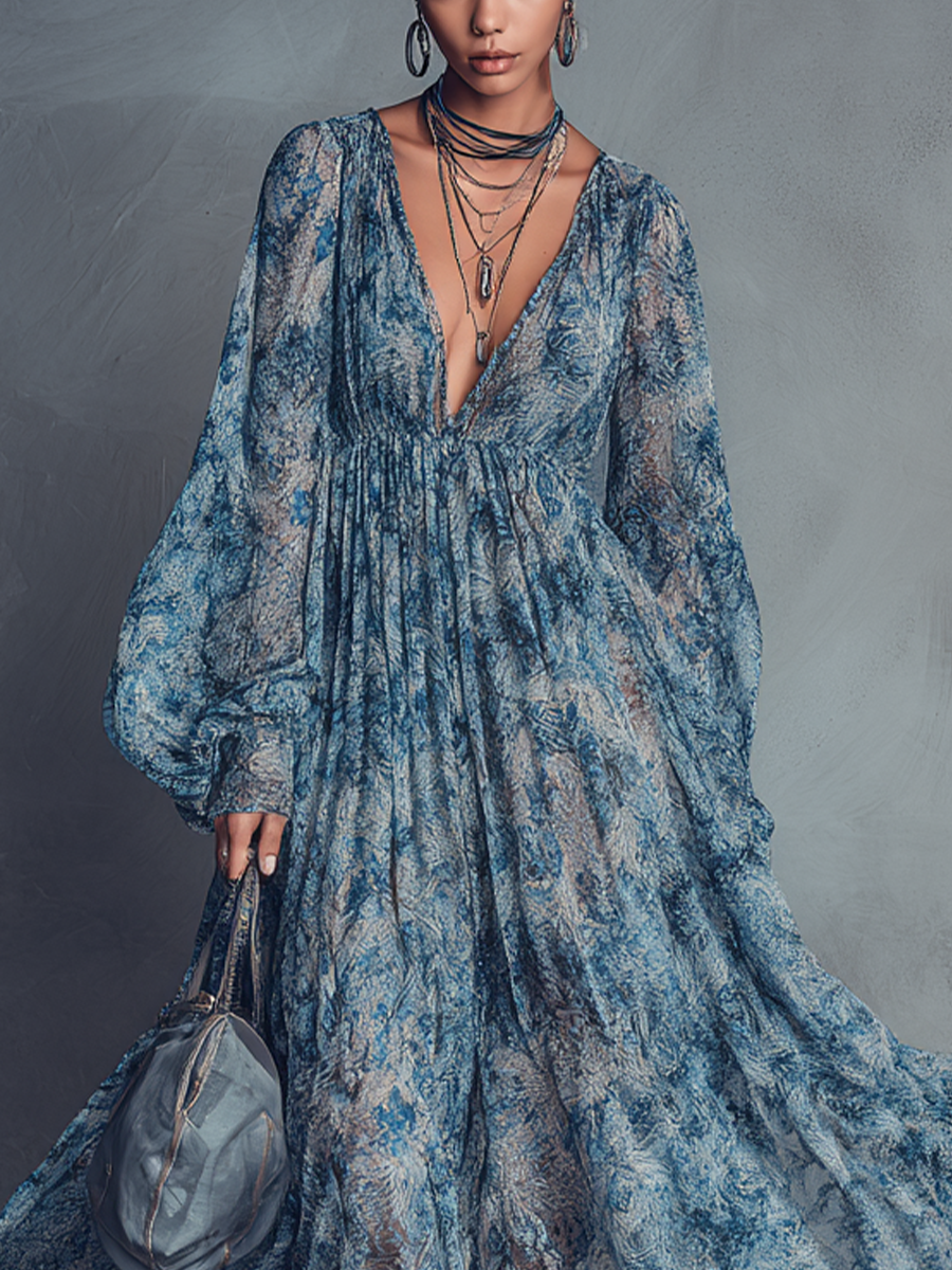 Women's Bohemian Style Blue Floral Print V-Neck Lantern Sleeve Chiffon Maxi Dress MDZ1067B8BA
