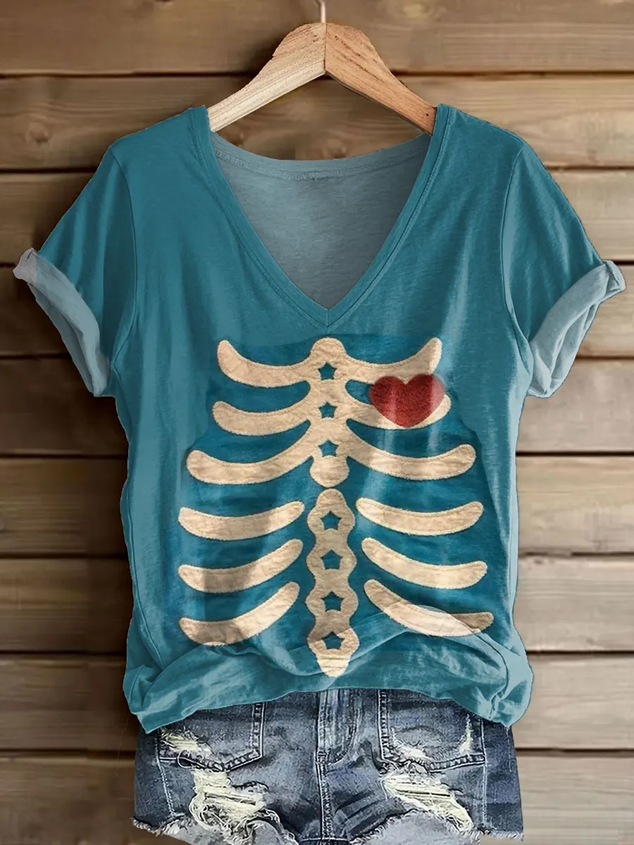 Women's Heart-Shaped Bone Pattern Art Print V-Neck Short Sleeve