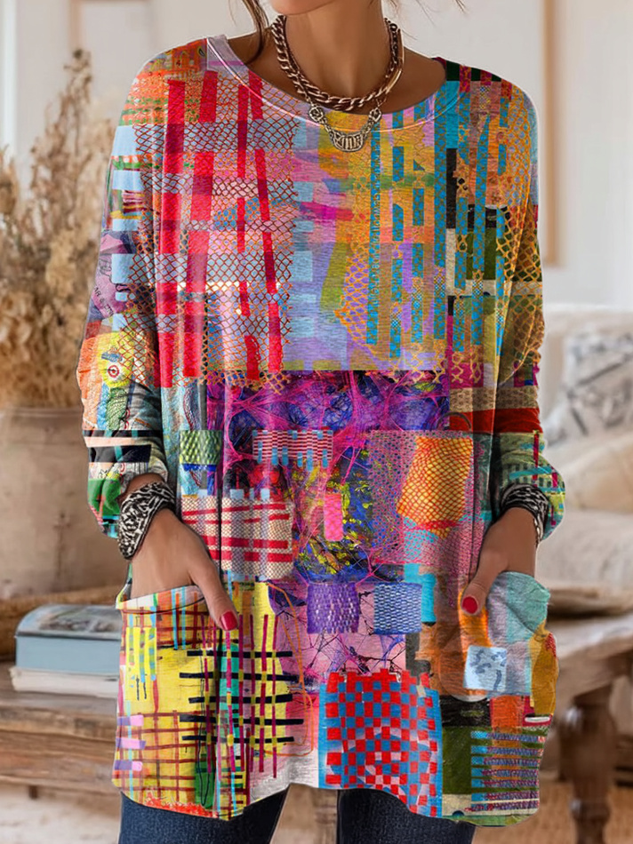 Women's Retro Colorful Art Print Casual Long Sleeve Crew Neck Pocket Cotton T-Shirt