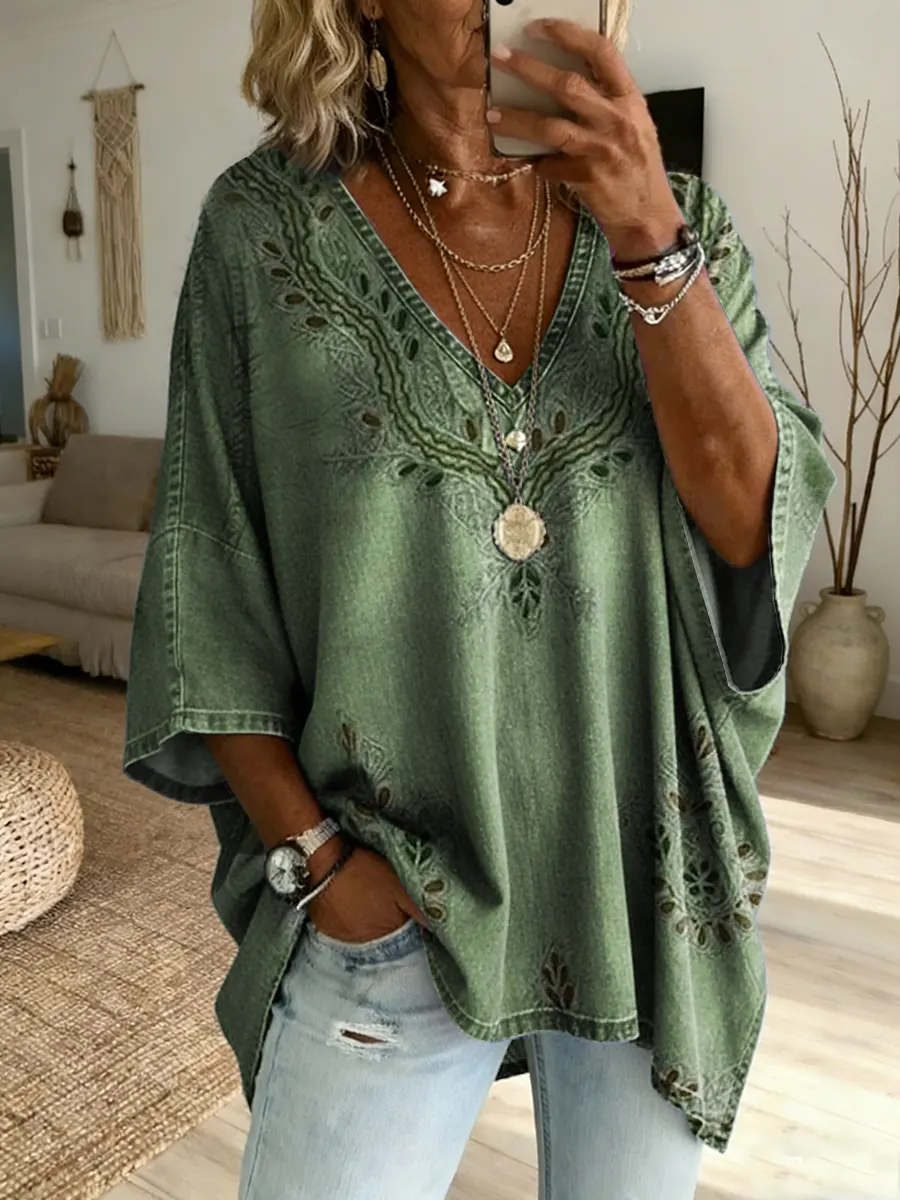 Ethnicity Texture Flowers Women's Art Print Casual Washed Cotton Denim Top