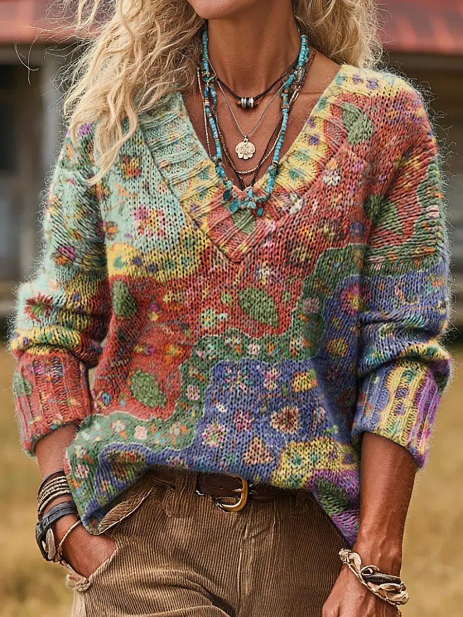 Women's Ethnic Floral Wave Patchwork Art Print Comfortable V-neck Knit Sweater