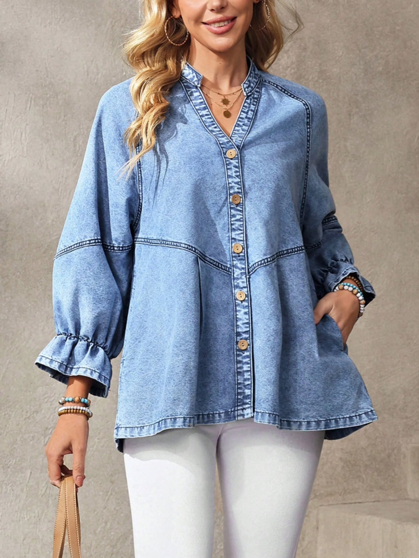 Long Sleeves Ruffled Casual Denim Shirt