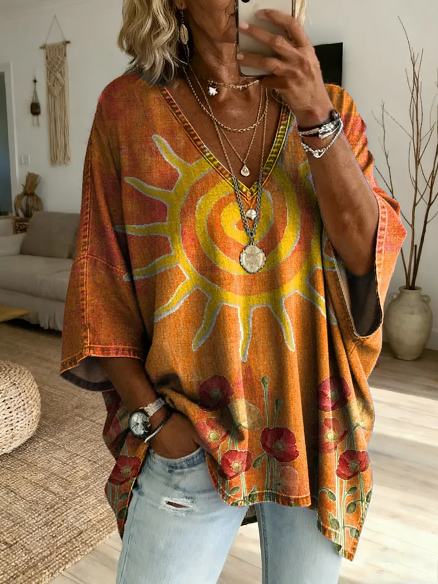 Women's Casual Washed Cotton Denim Shirt With Sunflower Floral Print