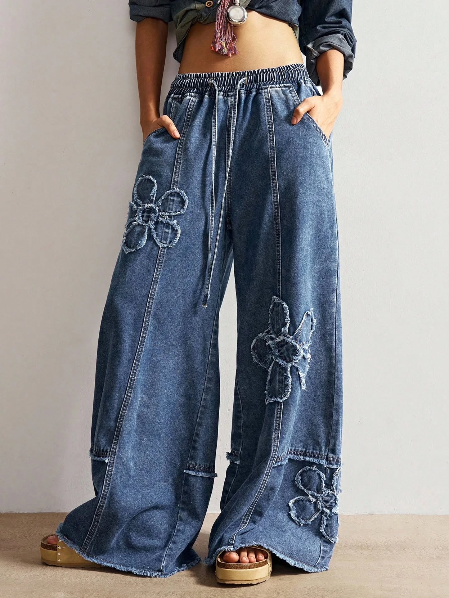 Flower Printed Casual Denim Jeans Bottoms