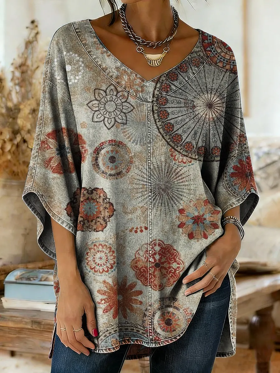 Ethnicity Bohemian Style Totem Women's Art Print Casual Washed Denim Cotton Top