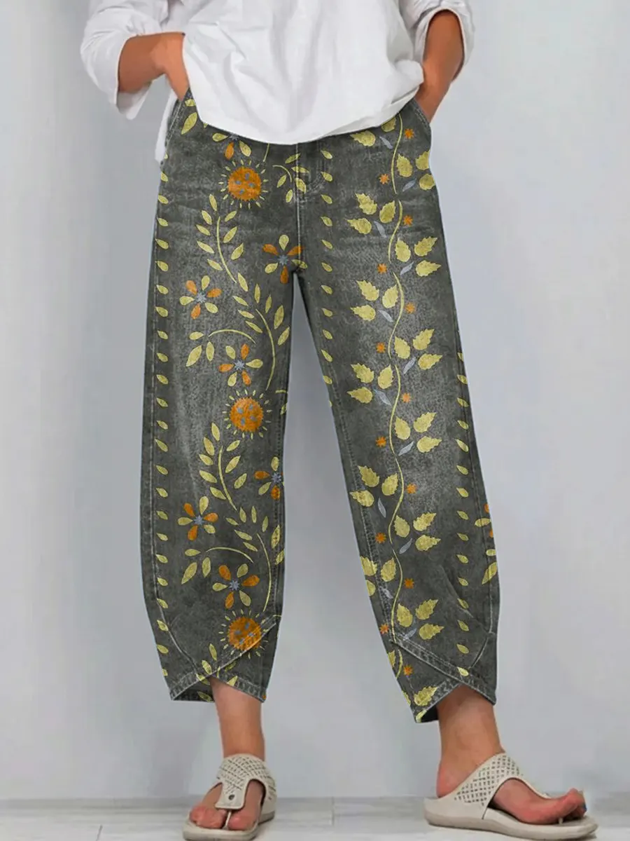 Women's Vintage Floral Art Print Jeans