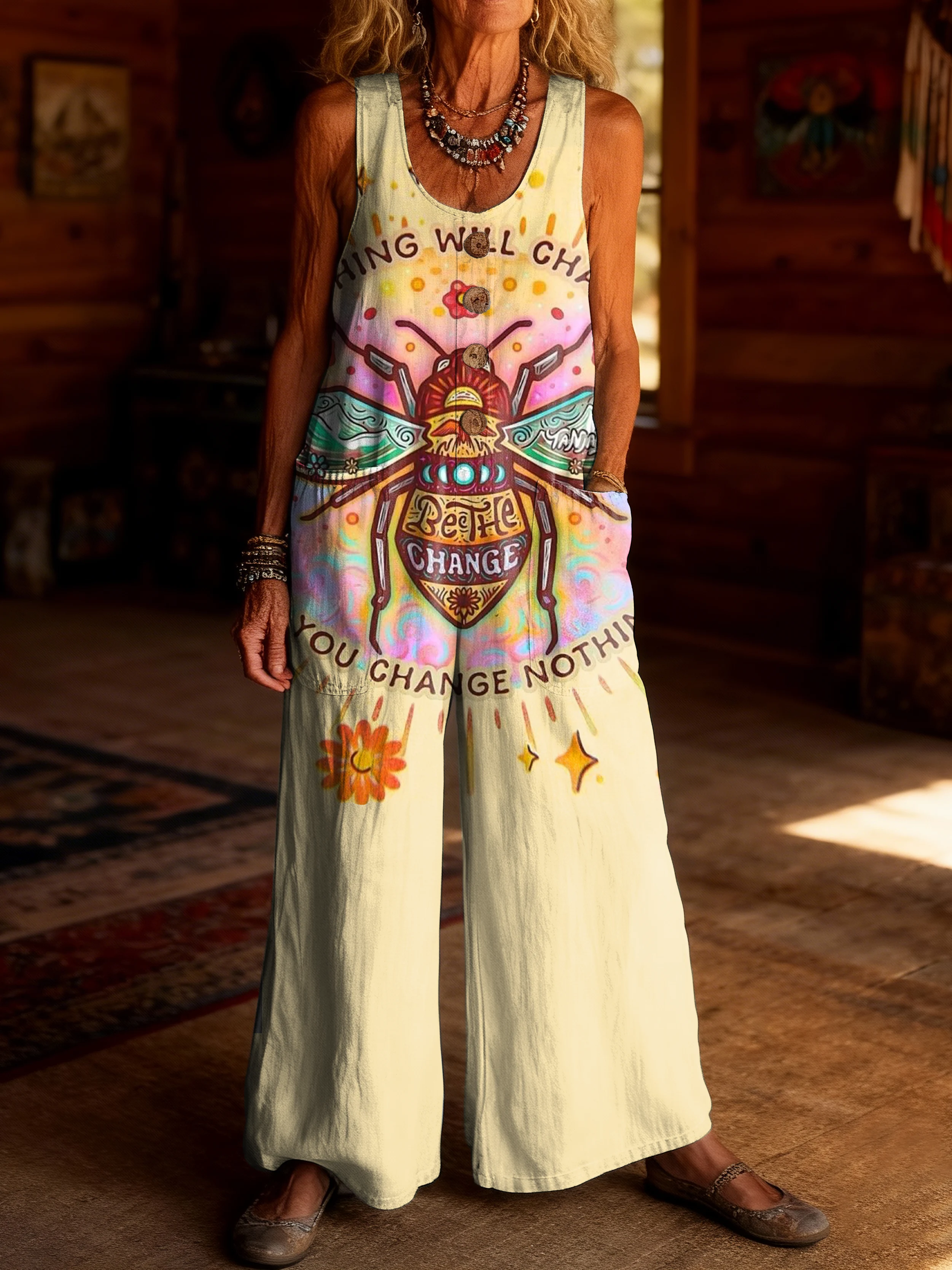 Women's Hippie Bee Art Print Casual Jumpsuit 100% Cotton Material Wide-leg Design.