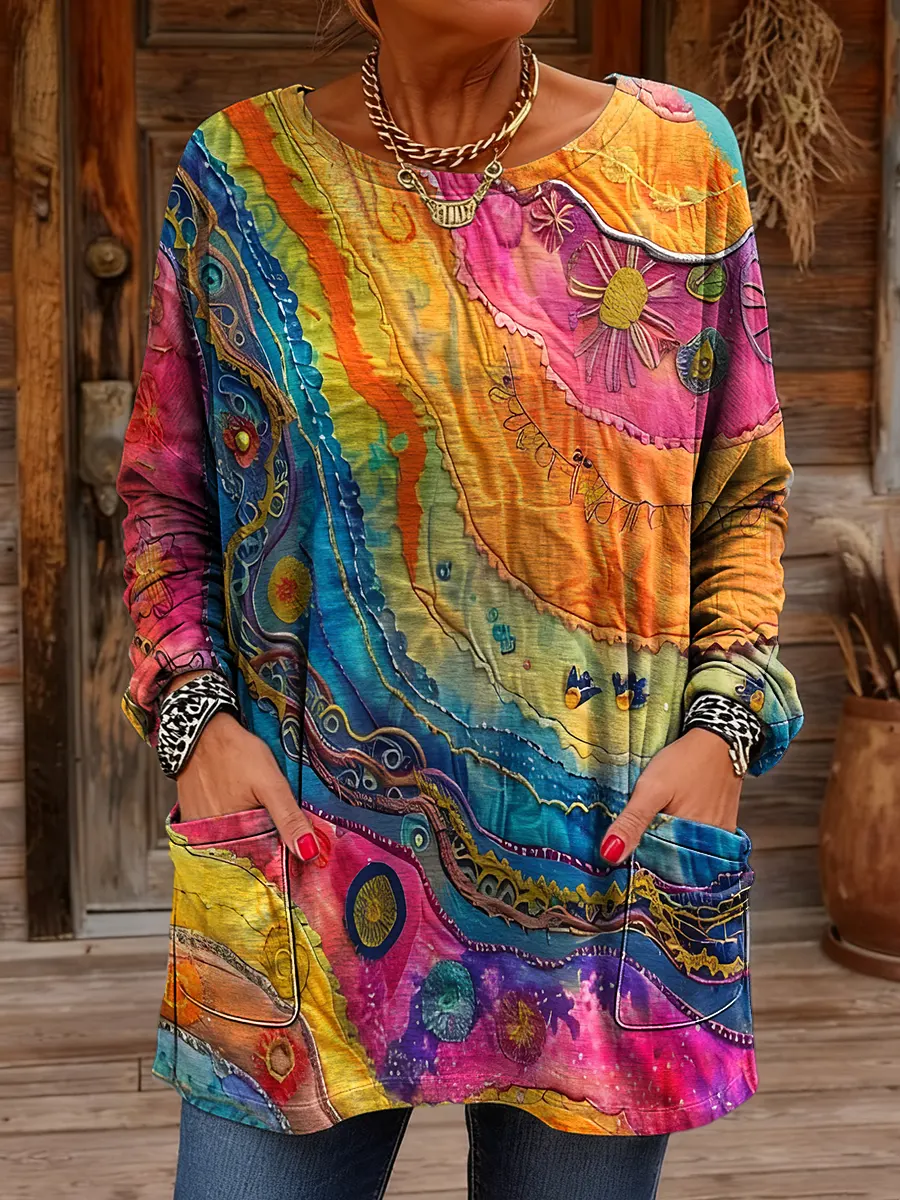 Women's Colorful Textured Art Print Casual Round Neck Tunic Top