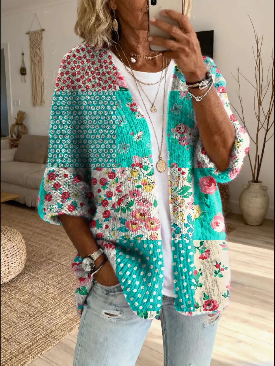 Women's Vintage Patchwork Floral Art Print Casual Cardigan Sweater