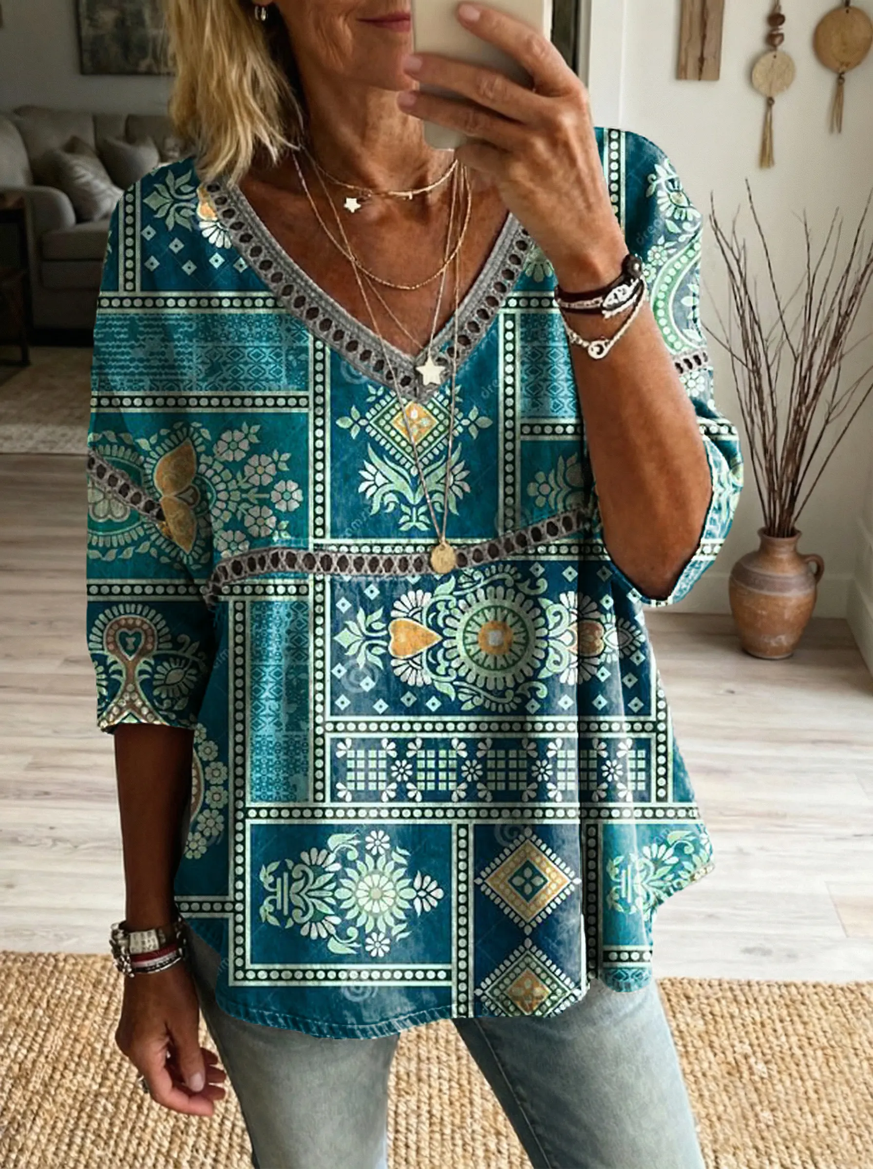 Women's Floral Art Print Casual V-neck Tie-front Top