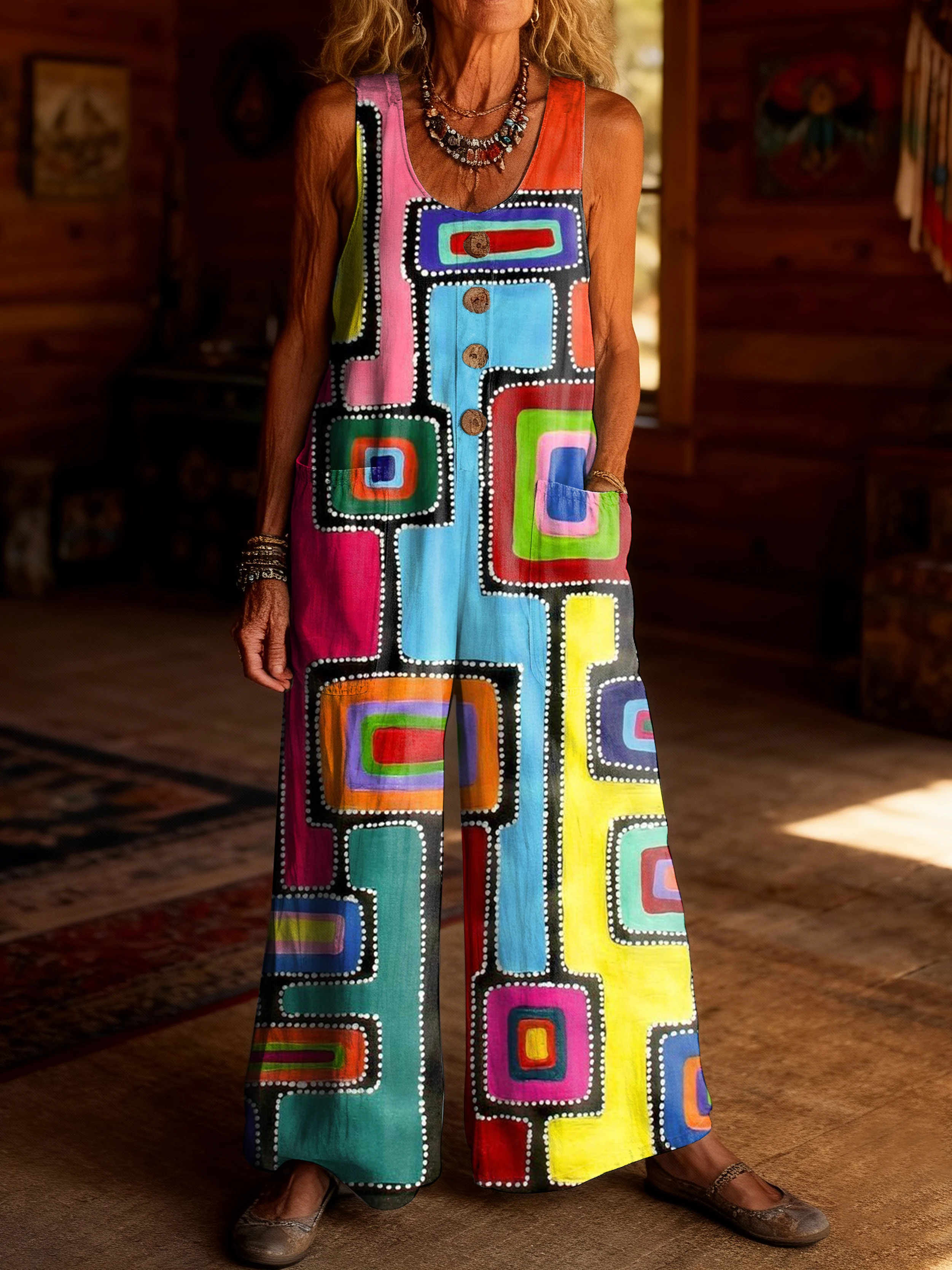 Women's Colorful Abstract Geometric Patterns Art Print Casual Jumpsuit 100% Cotton Material Wide-leg Design.