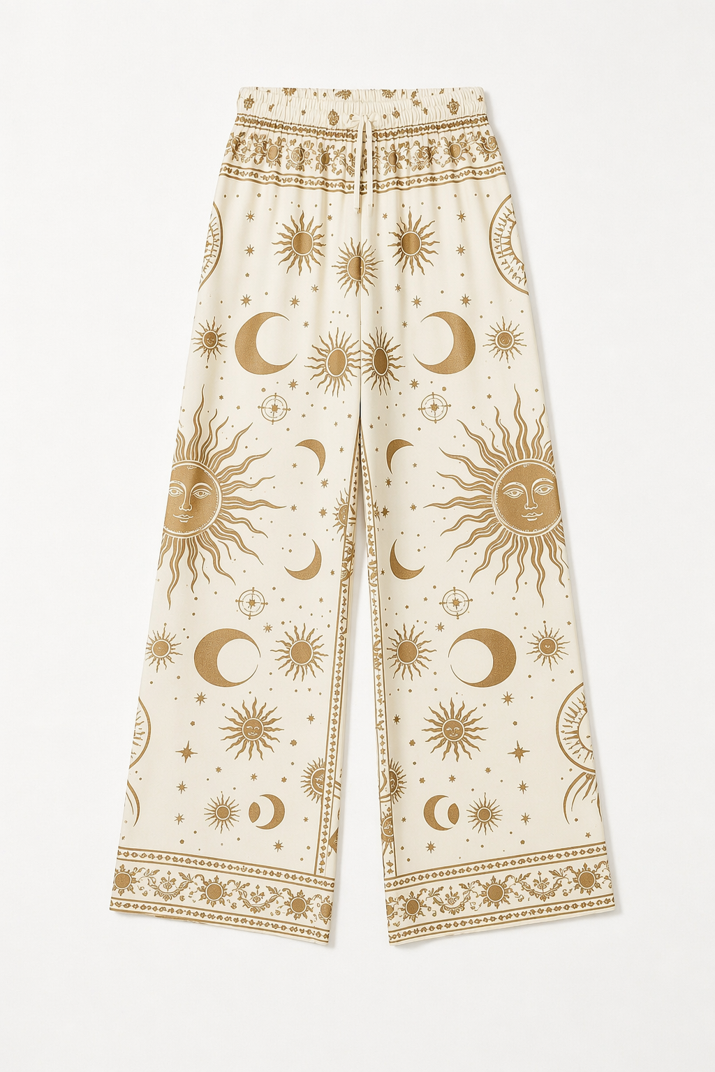 Women Celestial Sun Moon Print Wide Leg Palazzo Pants Elastic Drawstring Waist, Loose Flowy Fit