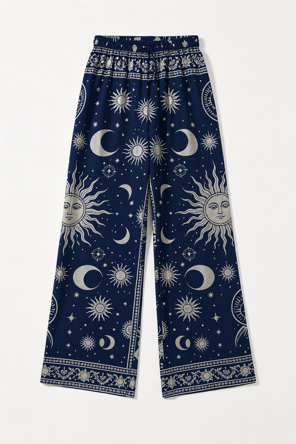 Women Celestial Sun Moon Print Wide Leg Palazzo Pants Elastic Drawstring Waist, Loose Flowy Fit
