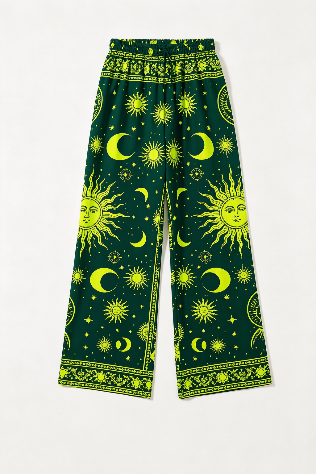 Women Celestial Sun Moon Print Wide Leg Palazzo Pants Elastic Drawstring Waist, Loose Flowy Fit