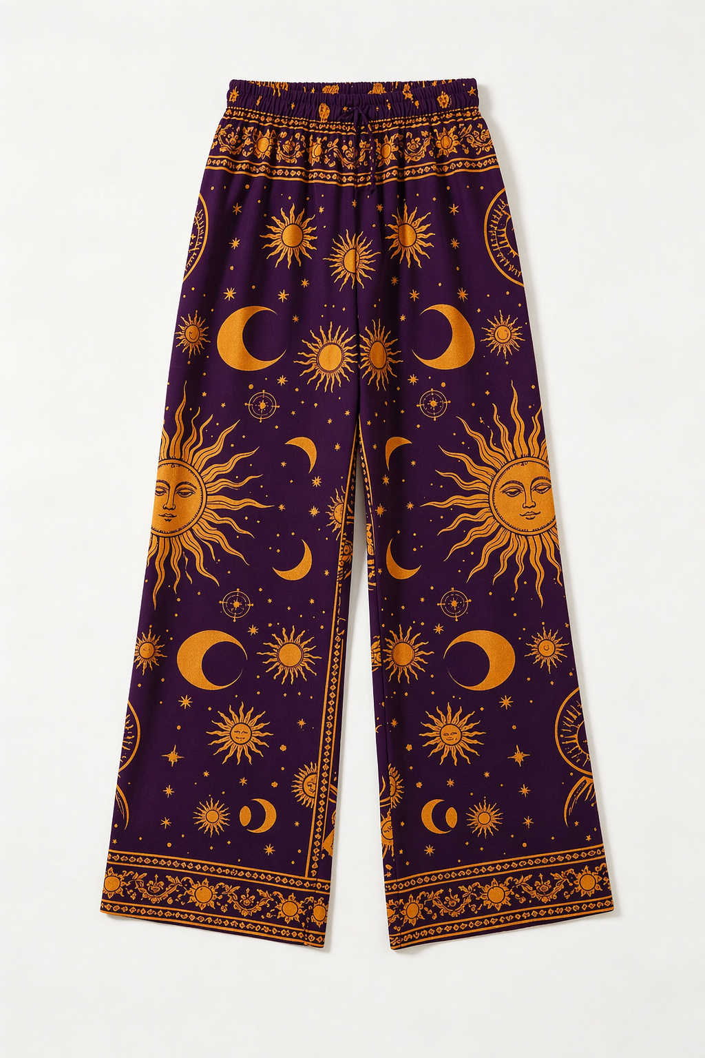 Women Celestial Sun Moon Print Wide Leg Palazzo Pants Elastic Drawstring Waist, Loose Flowy Fit